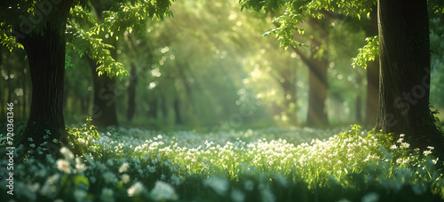 green trees and flowers in a sylvan forest  © Yi_Studio