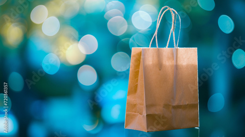 A paper shopping bag against a backdrop of blurred blue hues and bokeh textures, symbolizing eco-friendly consumerism and sustainable retail practices The bag, potentially carrying a brand iden photo