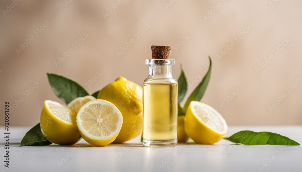 Lemons and a bottle of lemon oil on a table Lemons and a bottle of lemon oil on a table