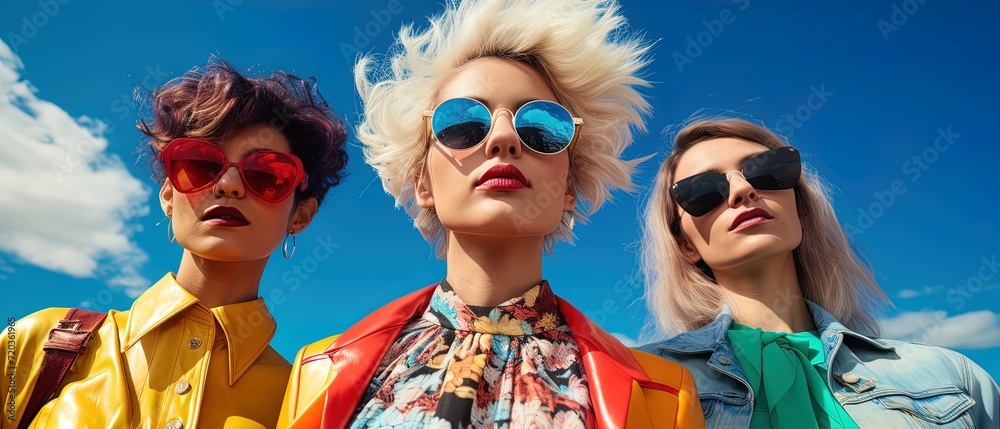 Stylish women with trendy hairstyles in 1990s style, posing against backdrop of the sky. Empowerment, fashion elegance, beauty, and modern femininity Stylish women with trendy hairstyles in 1990s style, posing against backdrop of the sky. Empowerment, fashion elegance, beauty, and modern femininity