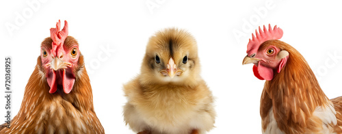 Half body, close up photo of a set of chicken and chick, from chick to adult rooster, Isolated on Transparent Background, PNG