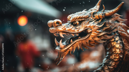 Vividly golden dragon sculpture captured in exquisite detail  embodying power and myth.