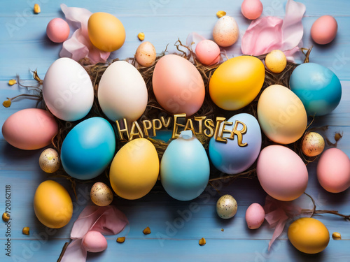 Stylish text frame of the lightbox with the inscription happy easter. Pink, blue, white, gold, and yellow eggs are everywhere. Colorful Easter eggs top view. Copyspace