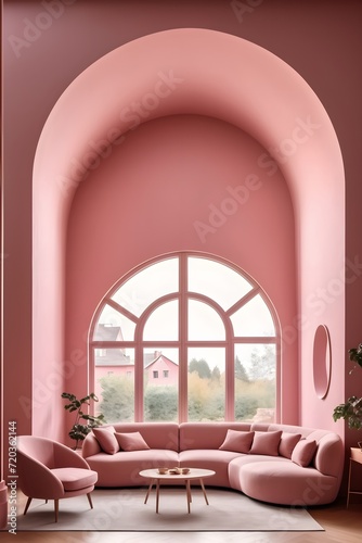 Minimalist Japanese interior design for modern living room. Stylish curved sofa and armchair against a pink wall with arched windows. © 360VP