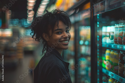 a smiling girl in the supermarket