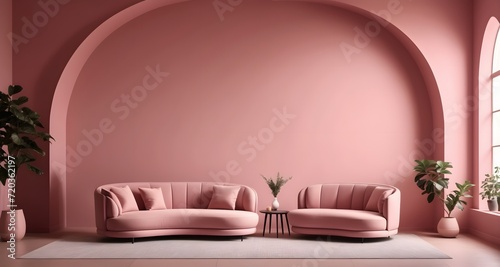 Minimalist Japanese interior design for modern living room. Stylish curved sofa and armchair against a pink wall with arched windows.