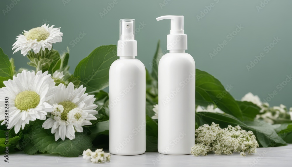 Two bottles of lotion on a table with flowers Two bottles of lotion on a table with flowers
