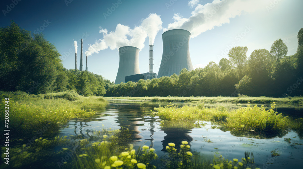 Cooling towers of a nuclear plant reflected in tranquil waters, surrounded by lush greenery