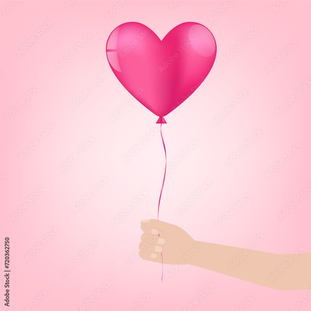 Hand Holding Heart Shaped Balloon on Pink Background. Concept of Valentine's Day, Wedding Celebration, Mother's Day or Anniversary. Vector Illustration.