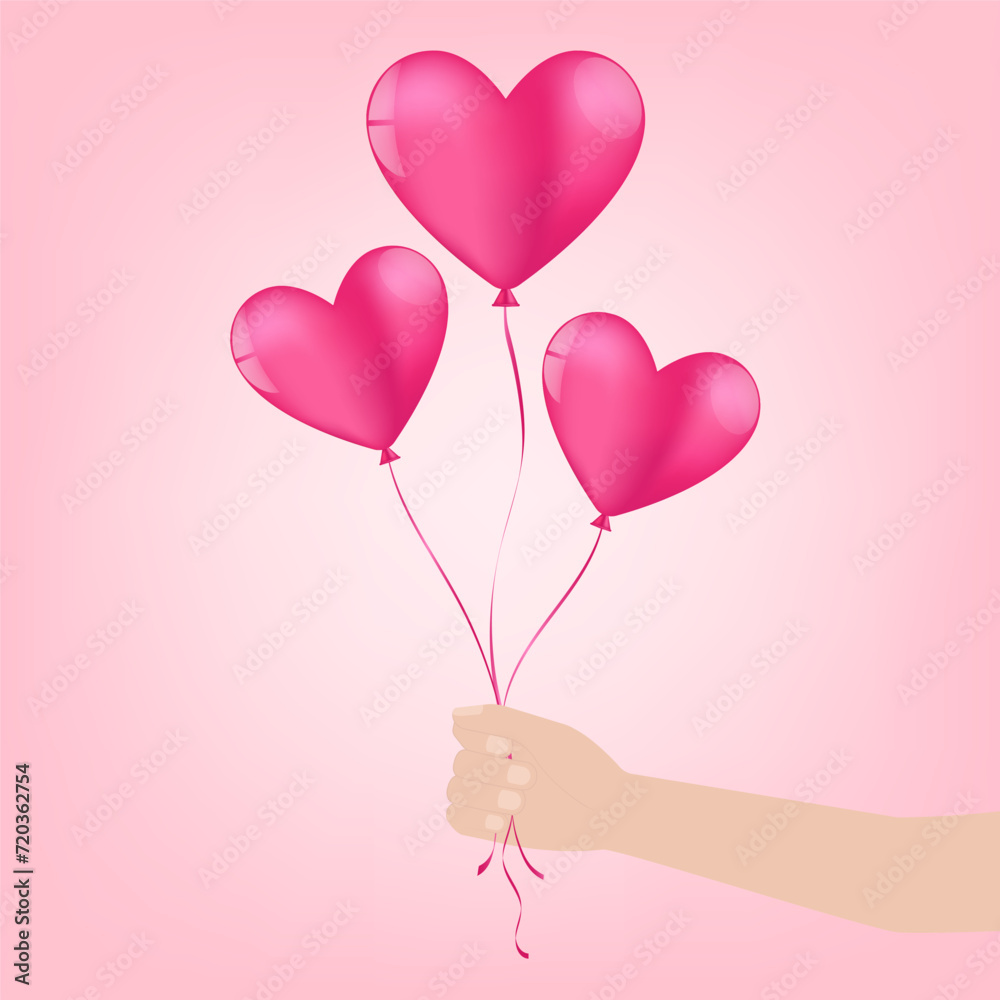 Hand Holding Heart Shaped Balloon on Pink Background. Concept of Valentine's Day, Wedding Celebration, Mother's Day or Anniversary. Vector Illustration.