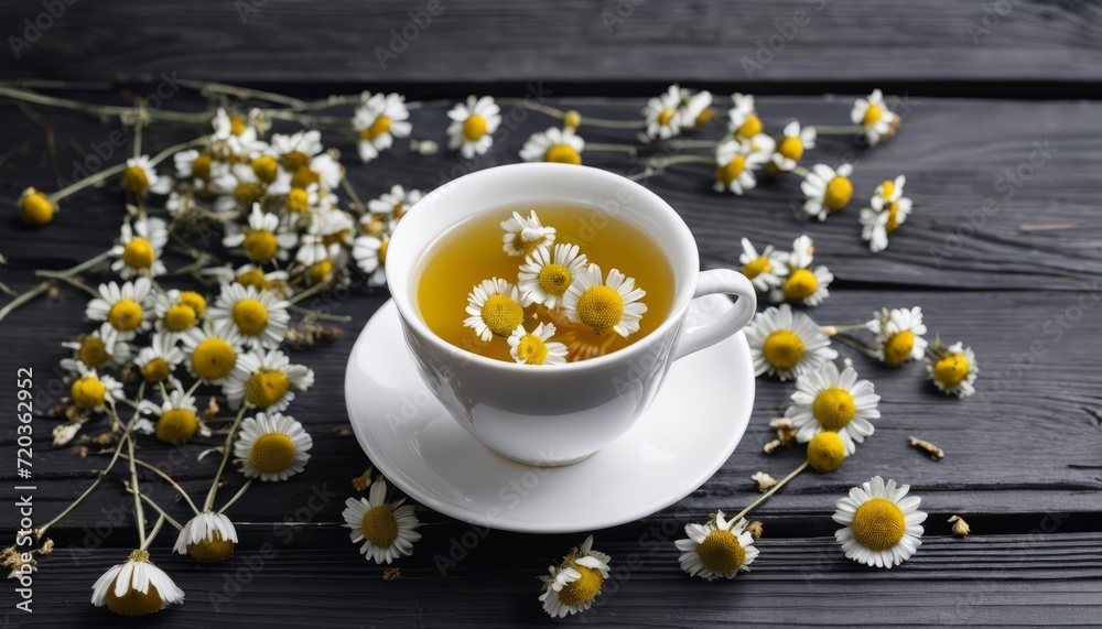 A cup of tea with flowers on a table A cup of tea with flowers on a table