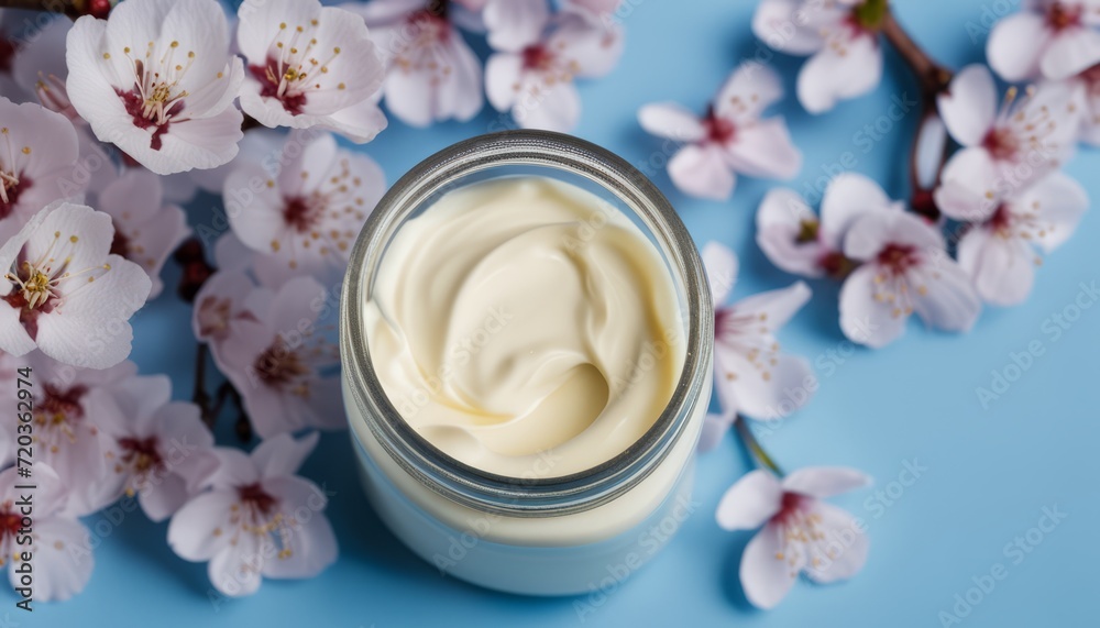 A jar of lotion with a flower background A jar of lotion with a flower background