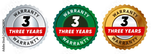 three 3 years warranty badge emblem seal set guarantee collection in silver green and gold premium circle shape