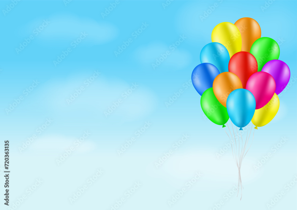 Bunch of Balloons on Blue Sky. Background for Party, Birthday, Celebration or Children's Day. Vector Illustration.