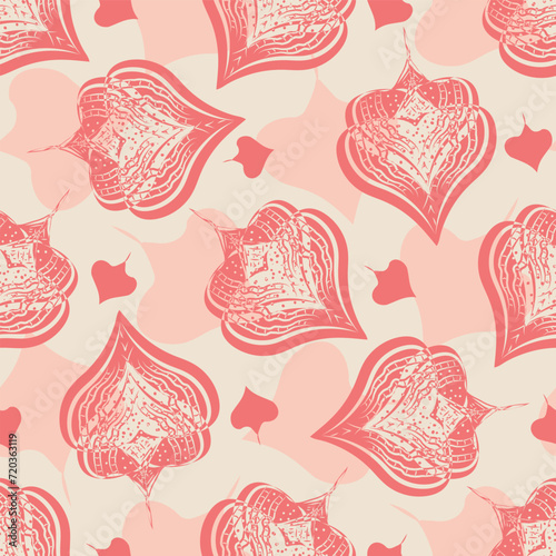 Abstract Chinese Lantern vector floral seamless pattern background. Botanical hand drawn repeat with folk art style Physalis alkekengi. Scattered all over print for packaging, gift