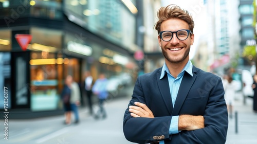 Professional young businessman portrait outdoors with blurred business center background