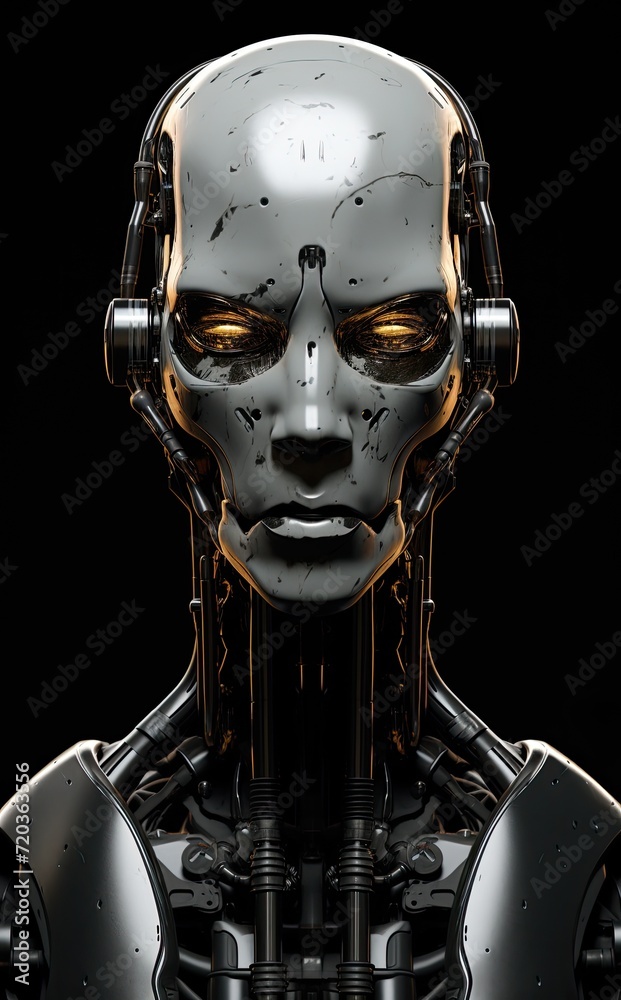 Face portrait of a male robot on a black background. Artificial intelligence and future technology concept. AI generated illustration. Face portrait of a male robot on a black background. Artificial intelligence and future technology concept. AI generated illustration.