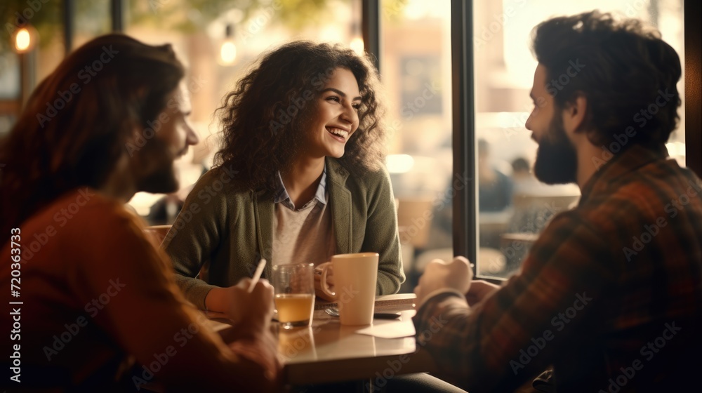Happy young friends enjoy eating food and drinking talking together over lunch in a coffee shop, friendship and friend concept Happy young friends enjoy eating food and drinking talking together over lunch in a coffee shop, friendship and friend concept