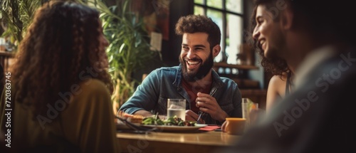 Happy young friends enjoy eating food and drinking talking together over lunch in a coffee shop, friendship and friend concept