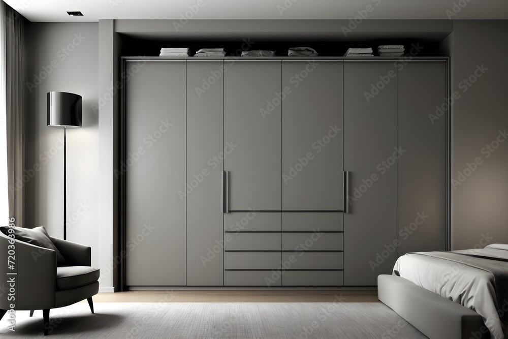 Gray wardrobe in the interior design of a modern bedroom in a minimalist style.