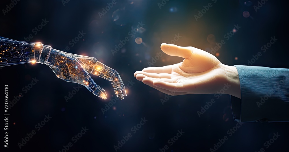 Robot hand touching a human hand. Abstract background artificial intelligence concept. AI generated illustration.