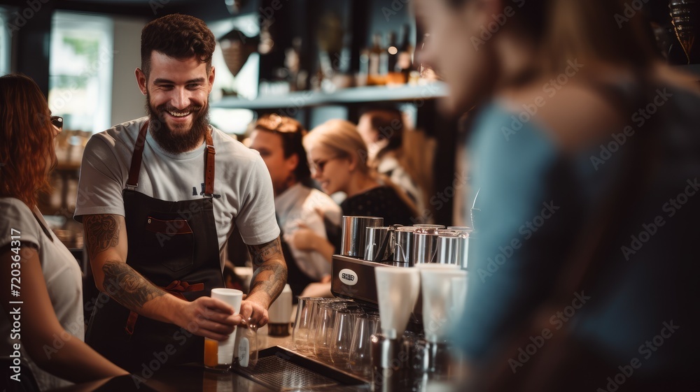 The picture shows an action of a group of professional baristas teaching a group of barista students in a coffee shop The picture shows an action of a group of professional baristas teaching a group of barista students in a coffee shop