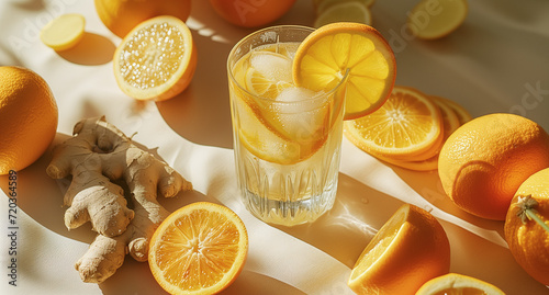 A refreshing citrus drink in a clear glass with a slice of orange and ice cubes, surrounded by fresh oranges and ginger root, illuminated by soft sunlight.  photo