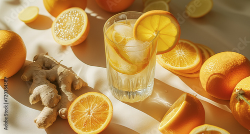 A refreshing citrus drink in a clear glass with a slice of orange and ice cubes, surrounded by fresh oranges and ginger root, illuminated by soft sunlight. 
