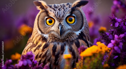 an owl with yellow eyes is sitting in a field of flowers and purple flowers with yellow eyes and yellow eyes, generative ai photo