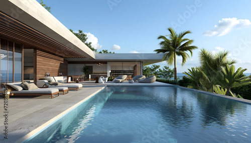 a modern house with a swimming pool and lounge    © Yi_Studio