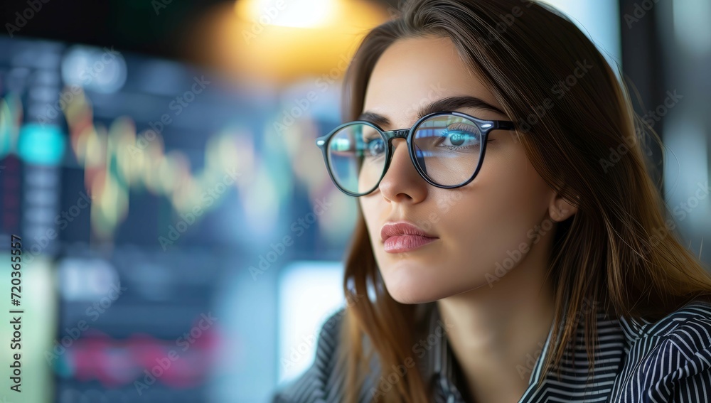 Woman banker manager, trader, Dow Jones stock market analysis on wall street Finance Trade Manager Delving into Stock Market Indicators for Optimal Investment Strategy - Navigating Financial Data