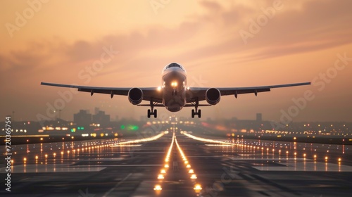 airplane taking off from a large airport in a beautiful sunrise in high resolution and quality. commercial flights concept
