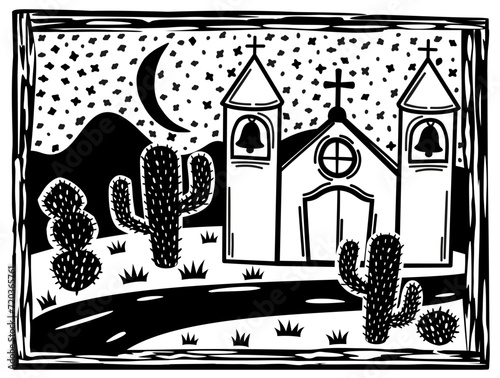 Brazilian cordel style. Landscape with church. Woodcut style.