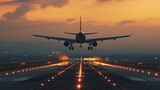 large plane landing at an airport with a beautiful sunset in high resolution