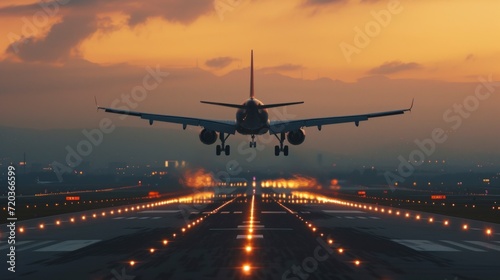 large plane landing at an airport with a beautiful sunset in high resolution
