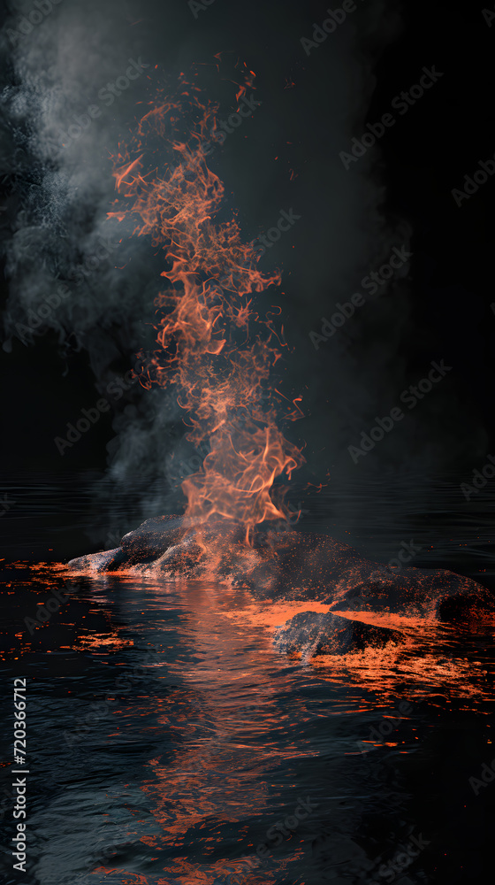  water under rock and fire on dark  