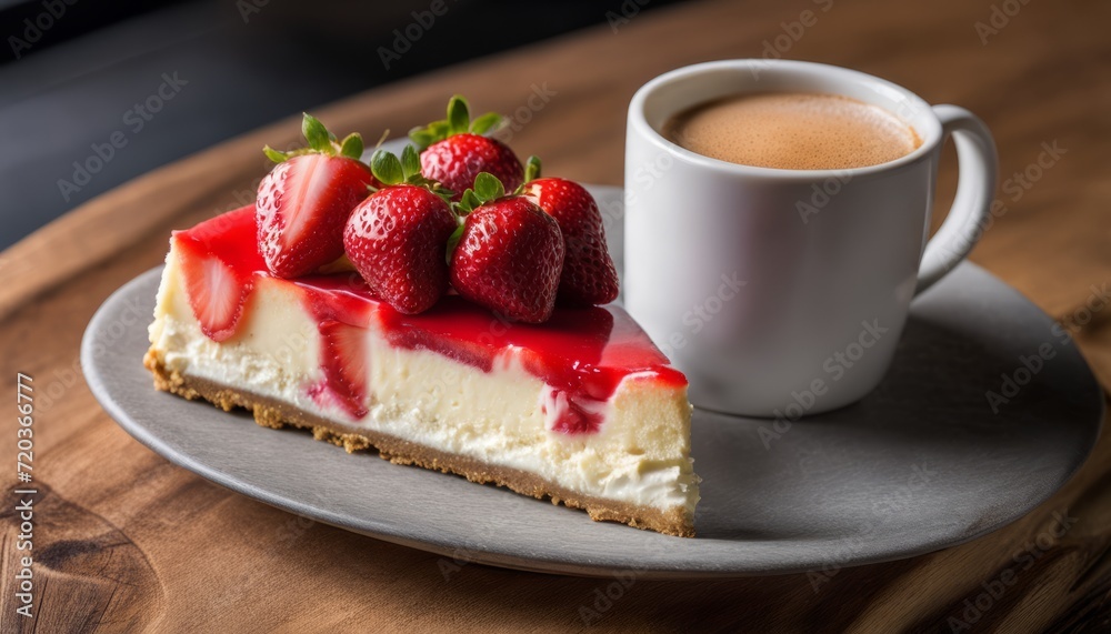A slice of strawberry cheesecake on a plate next to a cup of coffee A slice of strawberry cheesecake on a plate next to a cup of coffee