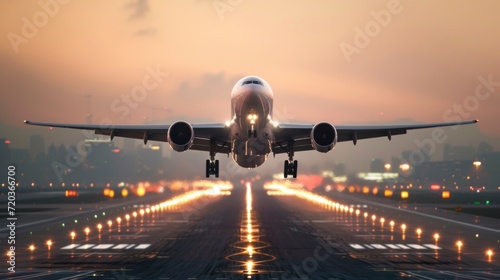 large plane landing at an airport with a beautiful sunset in high resolution and quality