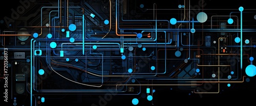 AI abstract background with blue lines and connections in the style of cybersteampunk. Futuristic wallpaper with networking designs on black background. AI generated illustration. photo