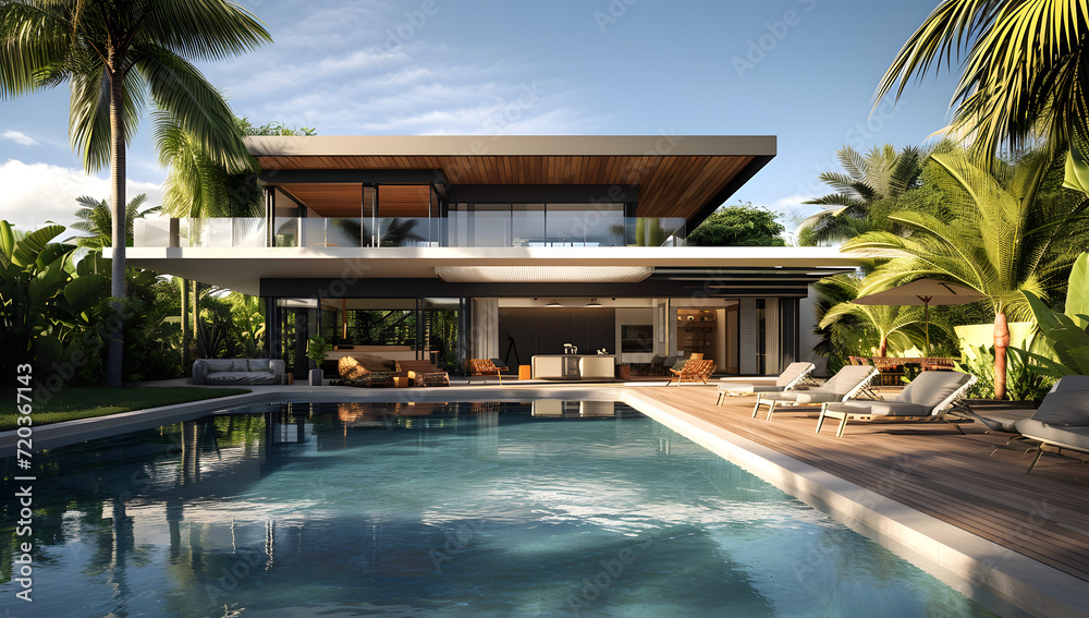 a modern house with a swimming pool and lounge   