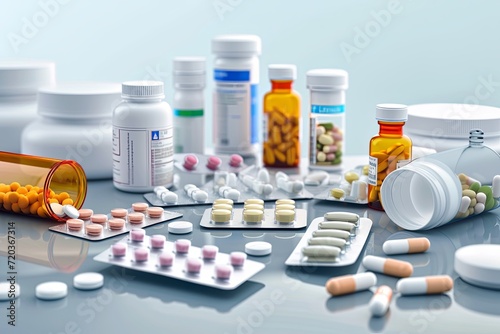 Tablets, pills, various medicaments, broad spectrum of medicines. Weight loss medication, antiviral drugs combat infections. Nurses give Natural remedies and alternative healing methods medications. photo