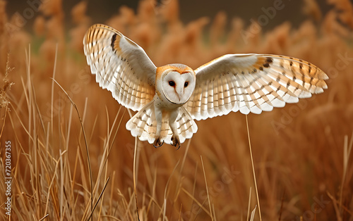 a barn owl flies over tall grass with its wings spread,