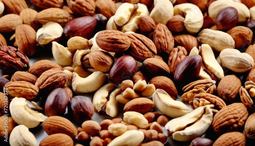 A pile of nuts, including almonds, walnuts, and peanuts