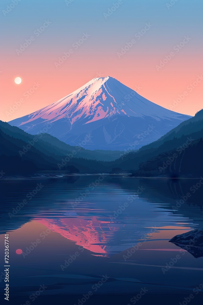 illustration of japanese mountain landscape background, mount fuji japan  style background for wall art print decor poster design. AI generated illustration