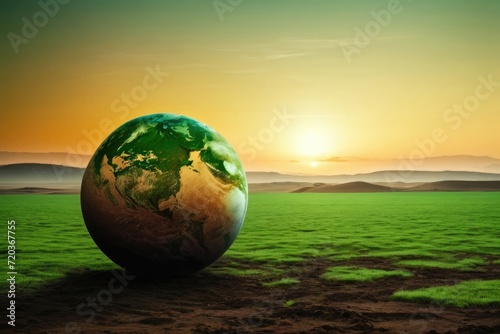  globe on a field of grass with the sun rise Environmental Awareness Fantasy, nature or learning concept with empty space.