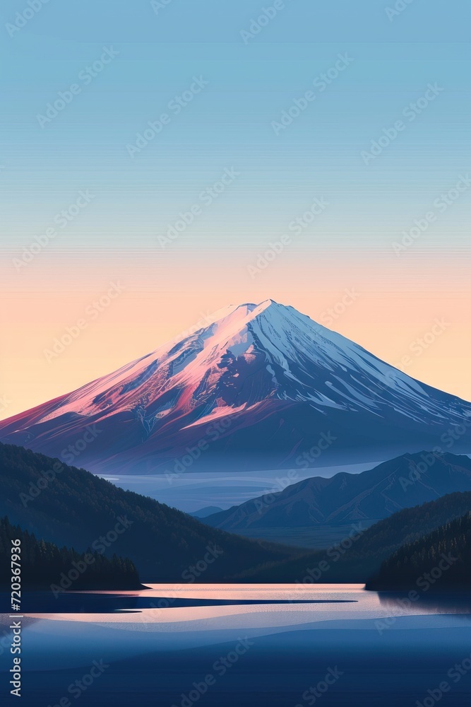 Mount fuji  art. Japanese landmark. Beautiful mountain, volcan in Japan. Snowing scenery. Tourist, travel destination. AI generated illustration