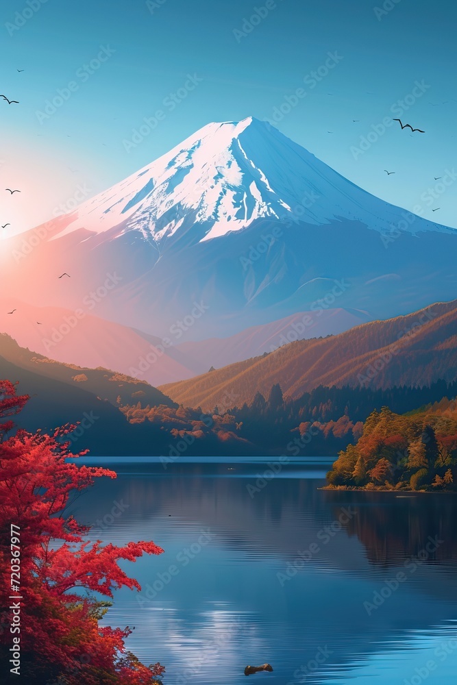 Mount fuji  art. Japanese landmark. Beautiful mountain, volcan in Japan. Snowing scenery. Tourist, travel destination. AI generated illustration