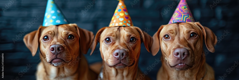 dogs with a  celebrating birthday hat