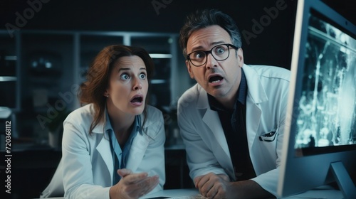 Two surprised scientists man and woman in eyeglasses looks at screen at laboratory with astonished facial expression.