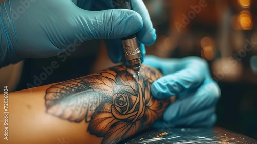 Close up of a tattoo artist creating a beautiful design on a woman s leg with a tattoo machine photo